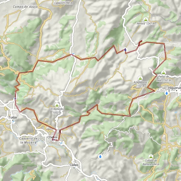 Miniatura della mappa di ispirazione al ciclismo "Gravel bike da Chelva ai sentieri di montagna" nella regione di Comunitat Valenciana, Spain. Generata da Tarmacs.app, pianificatore di rotte ciclistiche