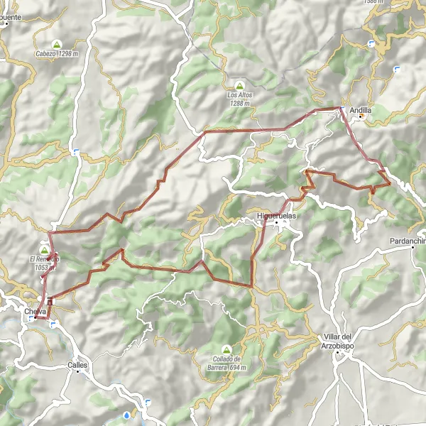 Miniatura della mappa di ispirazione al ciclismo "Giro in bicicletta Gravel a Chelva" nella regione di Comunitat Valenciana, Spain. Generata da Tarmacs.app, pianificatore di rotte ciclistiche