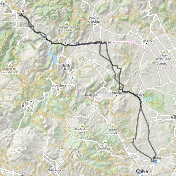 Miniatura della mappa di ispirazione al ciclismo "Tour in bicicletta su strada da Chelva" nella regione di Comunitat Valenciana, Spain. Generata da Tarmacs.app, pianificatore di rotte ciclistiche