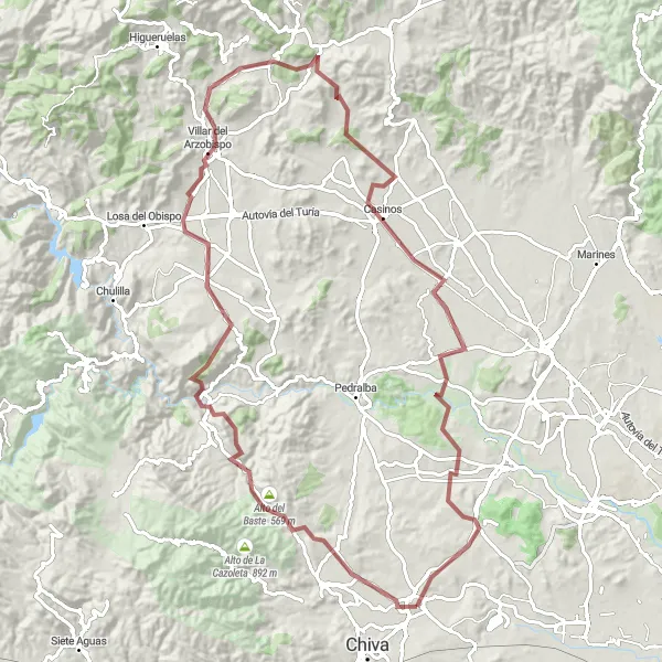 Miniaturní mapa "Hliněné cesty okolo Villar del Arzobispo" inspirace pro cyklisty v oblasti Comunitat Valenciana, Spain. Vytvořeno pomocí plánovače tras Tarmacs.app