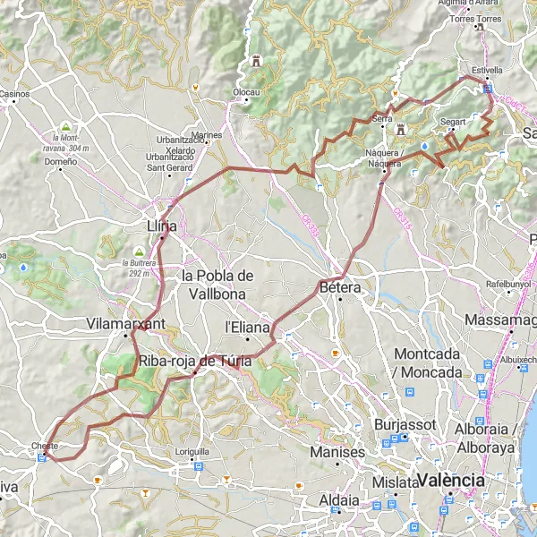 Miniaturní mapa "Offroad dobrodružství okolo Cheste" inspirace pro cyklisty v oblasti Comunitat Valenciana, Spain. Vytvořeno pomocí plánovače tras Tarmacs.app