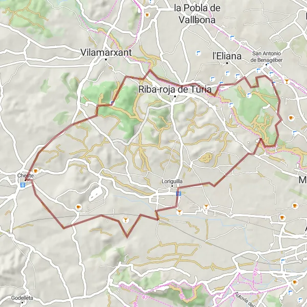 Miniatua del mapa de inspiración ciclista "Ruta corta en grava desde Cheste a través de Rodana y San Antonio de Benagéber" en Comunitat Valenciana, Spain. Generado por Tarmacs.app planificador de rutas ciclistas