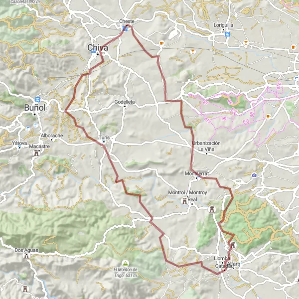 Miniatua del mapa de inspiración ciclista "Ruta en grava desde Cheste a través de Montserrat, Catadau y Turís" en Comunitat Valenciana, Spain. Generado por Tarmacs.app planificador de rutas ciclistas