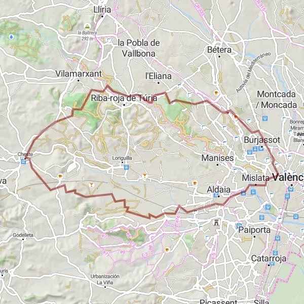 Miniature de la carte de l'inspiration cycliste "Rural Retreat Gravel Loop" dans la Comunitat Valenciana, Spain. Générée par le planificateur d'itinéraire cycliste Tarmacs.app