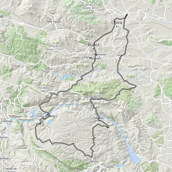 Miniatura della mappa di ispirazione al ciclismo "Tour in bici tra le colline e i villaggi vicino a Cheste" nella regione di Comunitat Valenciana, Spain. Generata da Tarmacs.app, pianificatore di rotte ciclistiche