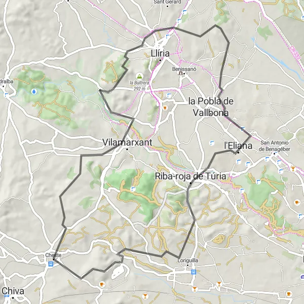 Miniaturní mapa "Kulturní okruh ve Vilamarxant" inspirace pro cyklisty v oblasti Comunitat Valenciana, Spain. Vytvořeno pomocí plánovače tras Tarmacs.app