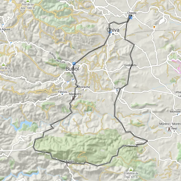 Miniaturní mapa "Panoramatická silnice podél Macastre" inspirace pro cyklisty v oblasti Comunitat Valenciana, Spain. Vytvořeno pomocí plánovače tras Tarmacs.app