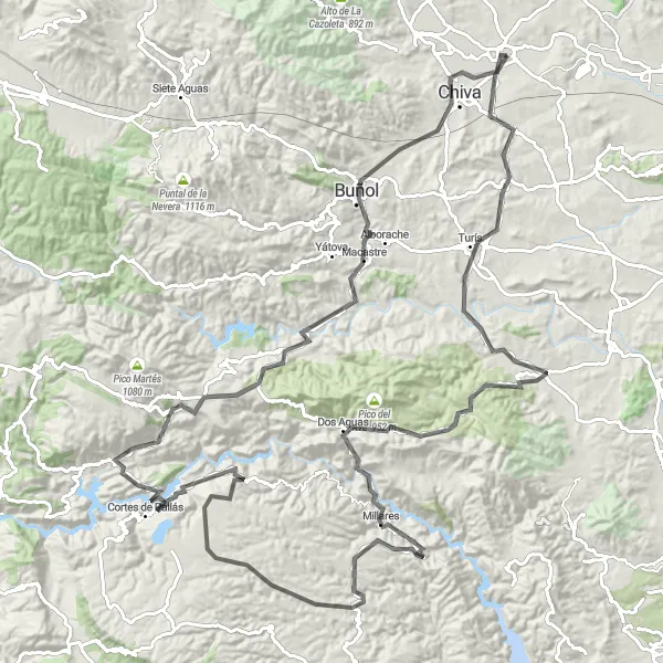 Miniatura della mappa di ispirazione al ciclismo "Giro in bicicletta tra Turís e Chiva" nella regione di Comunitat Valenciana, Spain. Generata da Tarmacs.app, pianificatore di rotte ciclistiche