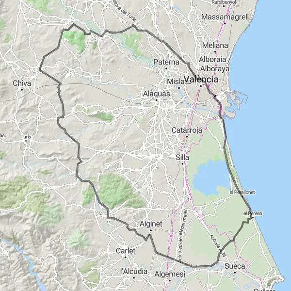 Map miniature of "Road Tour Valencia" cycling inspiration in Comunitat Valenciana, Spain. Generated by Tarmacs.app cycling route planner