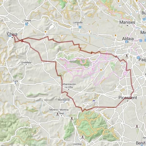 Map miniature of "Chiva to La Venteta and Castillo de Chiva Gravel Route" cycling inspiration in Comunitat Valenciana, Spain. Generated by Tarmacs.app cycling route planner