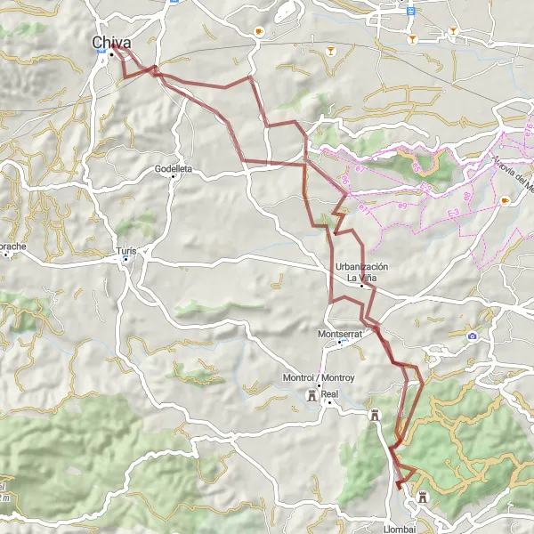 Miniatura della mappa di ispirazione al ciclismo "Esplorazione tra Chiva e Castillo de Chiva" nella regione di Comunitat Valenciana, Spain. Generata da Tarmacs.app, pianificatore di rotte ciclistiche