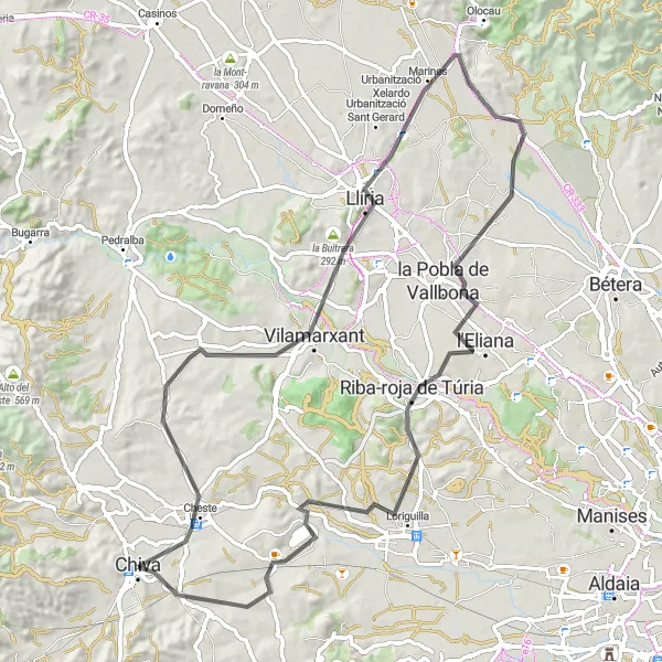 Map miniature of "Chiva - Cheste - la Buitrera - Llíria - la Pobla de Vallbona - Riba-roja de Túria - Mirador Peña Lomeros Round Trip" cycling inspiration in Comunitat Valenciana, Spain. Generated by Tarmacs.app cycling route planner
