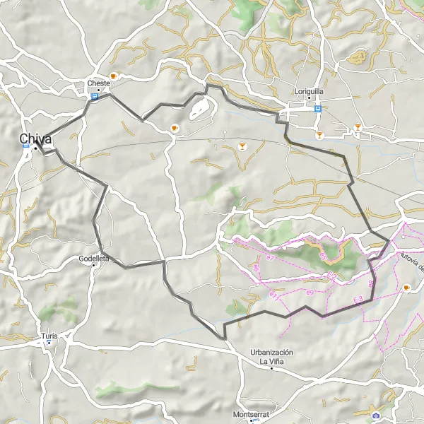 Map miniature of "Chiva - Cheste - Godelleta - Mirador Peña Lomeros - Castillo de Chiva Round Trip" cycling inspiration in Comunitat Valenciana, Spain. Generated by Tarmacs.app cycling route planner