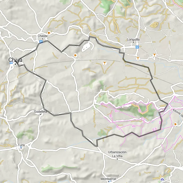 Miniatua del mapa de inspiración ciclista "Ruta en bicicleta de carretera desde Chiva" en Comunitat Valenciana, Spain. Generado por Tarmacs.app planificador de rutas ciclistas