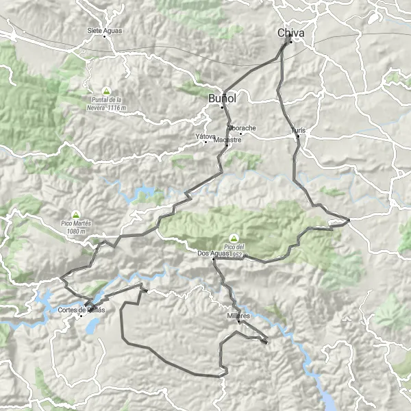 Miniatua del mapa de inspiración ciclista "Ruta en Carretera desde Chiva a Toriles" en Comunitat Valenciana, Spain. Generado por Tarmacs.app planificador de rutas ciclistas