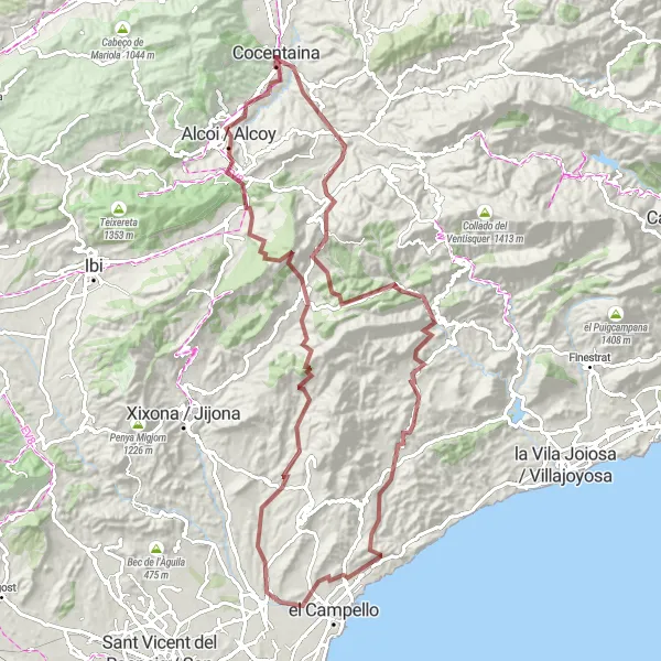 Miniatua del mapa de inspiración ciclista "Vuelta en bicicleta por caminos de grava cerca de Cocentaina" en Comunitat Valenciana, Spain. Generado por Tarmacs.app planificador de rutas ciclistas