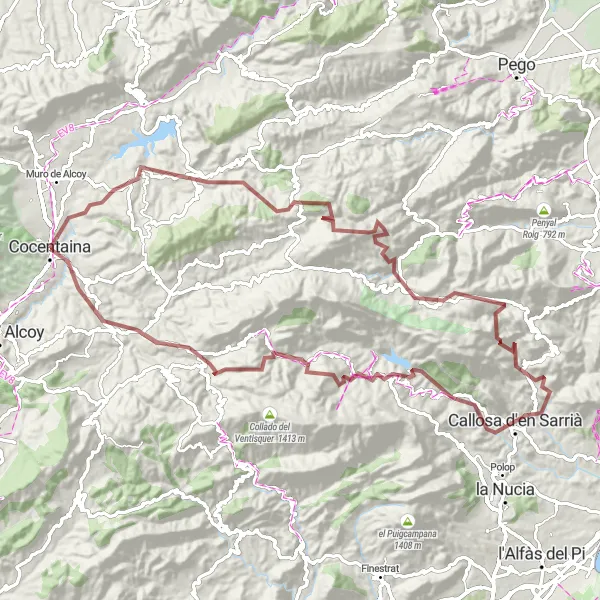 Miniaturekort af cykelinspirationen "Gravel rute fra Cocentaina til Castell de Castells" i Comunitat Valenciana, Spain. Genereret af Tarmacs.app cykelruteplanlægger