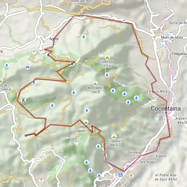 Miniature de la carte de l'inspiration cycliste "L'aventure gravel dans les montagnes de Cocentaina" dans la Comunitat Valenciana, Spain. Générée par le planificateur d'itinéraire cycliste Tarmacs.app