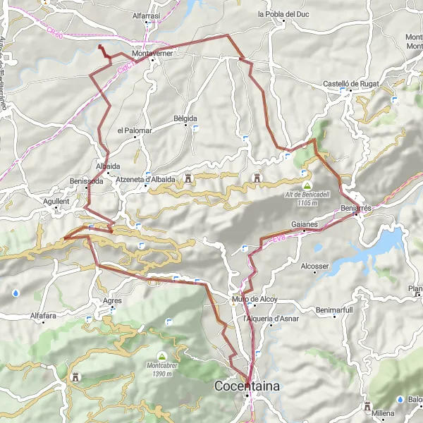 Miniaturní mapa "Gravel - Cocentaina loop via Castillo de Cocentaina, Benissoda, and Muro de Alcoy" inspirace pro cyklisty v oblasti Comunitat Valenciana, Spain. Vytvořeno pomocí plánovače tras Tarmacs.app