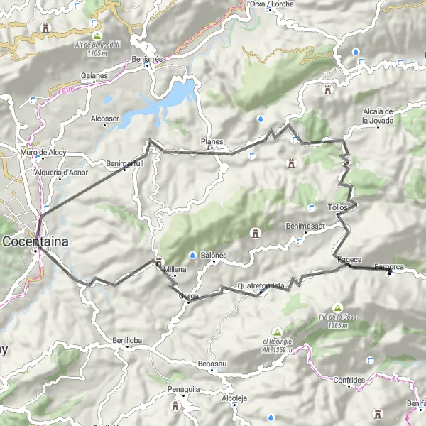 Miniatua del mapa de inspiración ciclista "Ruta en bicicleta de carretera de Cocentaina a Cocentaina" en Comunitat Valenciana, Spain. Generado por Tarmacs.app planificador de rutas ciclistas