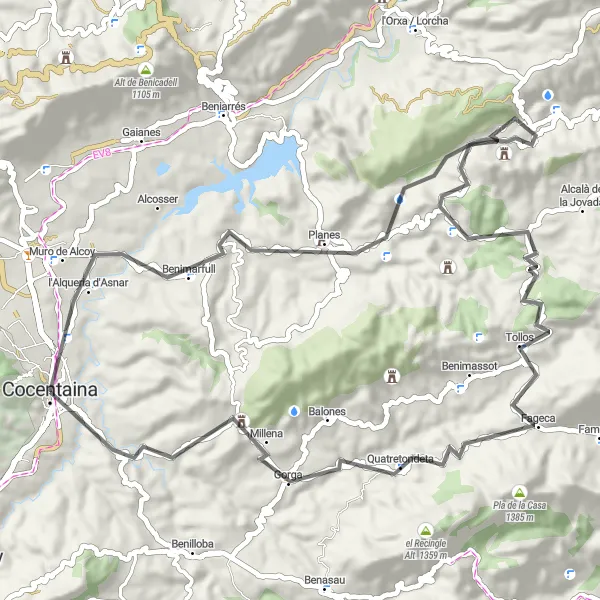 Miniaturní mapa "Road - Cocentaina loop via Benimarfull, Tossal de la Creu, and Tollos" inspirace pro cyklisty v oblasti Comunitat Valenciana, Spain. Vytvořeno pomocí plánovače tras Tarmacs.app