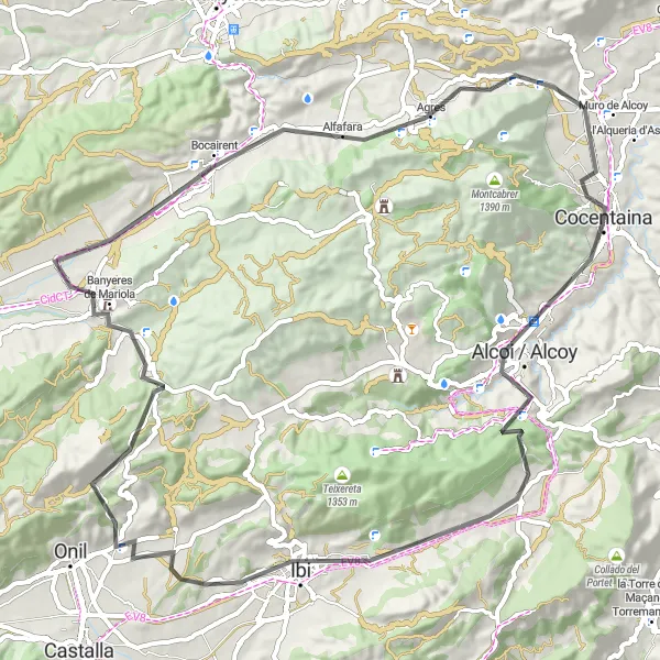 Miniatura mapy "Trasa rowerowa ALCOI - ALFAIX - MIRADOR DEL PREVENTORI - IBI - Cabeç de Santa Lucia - CANLIS d'Onil - BANYERES DE Mariola - ALFAFARA - LA MOLA - Cocentaina" - trasy rowerowej w Comunitat Valenciana, Spain. Wygenerowane przez planer tras rowerowych Tarmacs.app