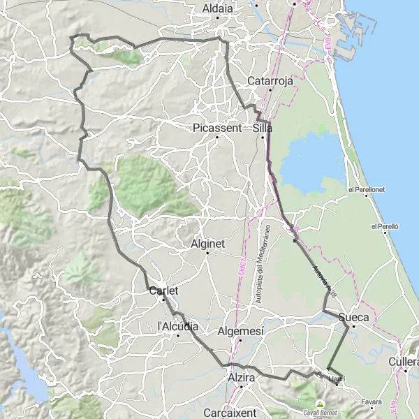 Map miniature of "Valencia Castles and Coastal Views" cycling inspiration in Comunitat Valenciana, Spain. Generated by Tarmacs.app cycling route planner