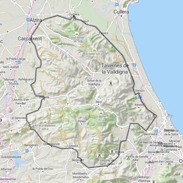 Miniature de la carte de l'inspiration cycliste "Aventure de Favara à Carcaixent" dans la Comunitat Valenciana, Spain. Générée par le planificateur d'itinéraire cycliste Tarmacs.app
