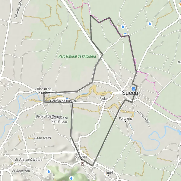 Miniatura della mappa di ispirazione al ciclismo "Percorso ciclabile da Corbera a Polinyà de Xúquer attraverso Sueca" nella regione di Comunitat Valenciana, Spain. Generata da Tarmacs.app, pianificatore di rotte ciclistiche