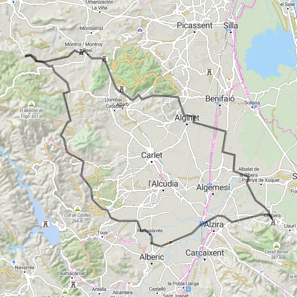 Miniatua del mapa de inspiración ciclista "Ruta de Ciclismo de Carretera desde Corbera" en Comunitat Valenciana, Spain. Generado por Tarmacs.app planificador de rutas ciclistas