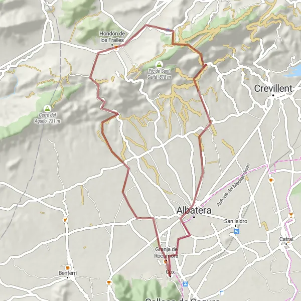 Miniatura della mappa di ispirazione al ciclismo "Rotta in Gravel da Cox a Granja de Rocamora" nella regione di Comunitat Valenciana, Spain. Generata da Tarmacs.app, pianificatore di rotte ciclistiche