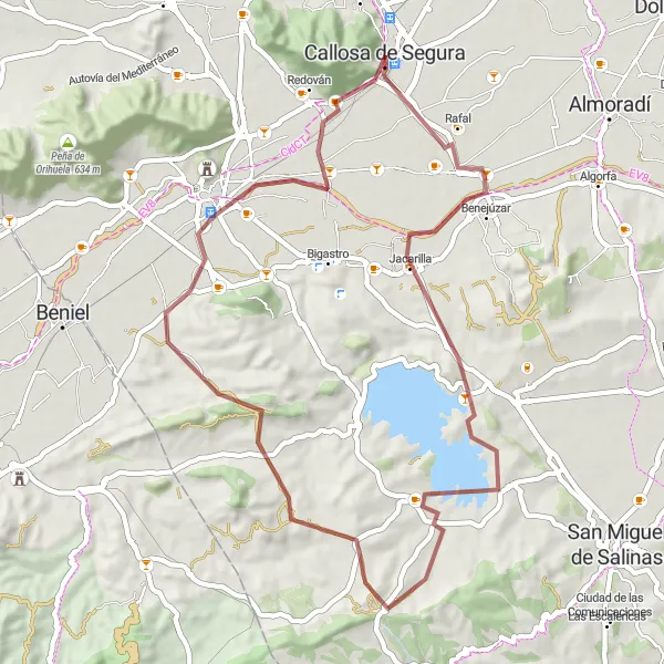 Miniatura della mappa di ispirazione al ciclismo "Giro in bicicletta da Cox a Rafal" nella regione di Comunitat Valenciana, Spain. Generata da Tarmacs.app, pianificatore di rotte ciclistiche