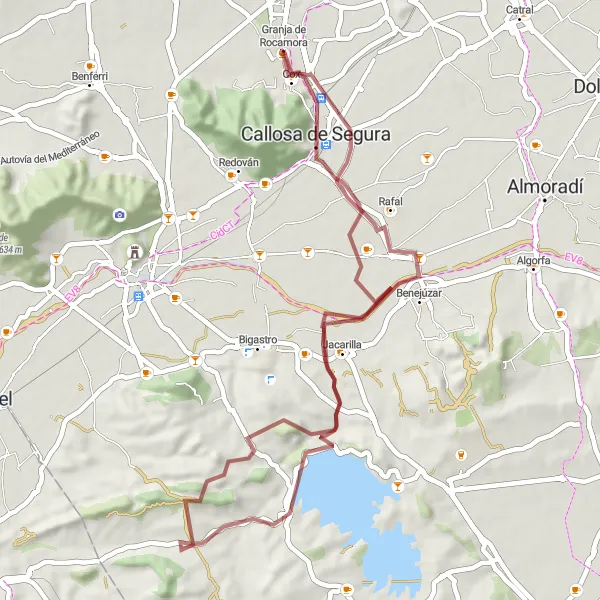 Miniatura della mappa di ispirazione al ciclismo "Tour in bicicletta tra Cox e Callosa de Segura" nella regione di Comunitat Valenciana, Spain. Generata da Tarmacs.app, pianificatore di rotte ciclistiche