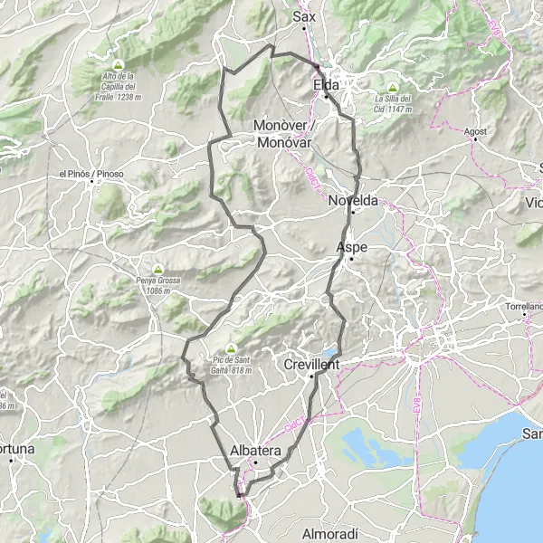 Miniatua del mapa de inspiración ciclista "Ruta de ciclismo de carretera Granja de Rocamora-Hondón de los Frailes-Alt de Camara-Elda-Montagut-Novelda-Crevillent-San Isidro" en Comunitat Valenciana, Spain. Generado por Tarmacs.app planificador de rutas ciclistas