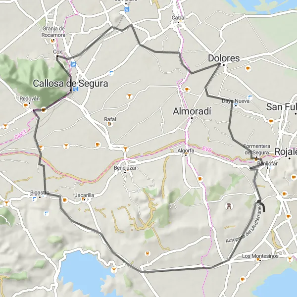 Miniatua del mapa de inspiración ciclista "Ruta de ciclismo de carretera Dolores-Mirador del Molino-Formentera del Segura-Callosa de Segura" en Comunitat Valenciana, Spain. Generado por Tarmacs.app planificador de rutas ciclistas