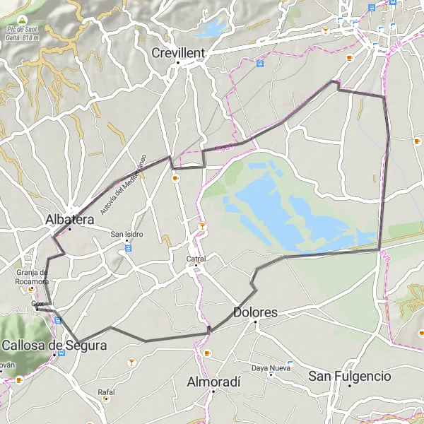 Miniatua del mapa de inspiración ciclista "Ruta de ciclismo de carretera Albatera-Dolores-Callosa de Segura" en Comunitat Valenciana, Spain. Generado por Tarmacs.app planificador de rutas ciclistas