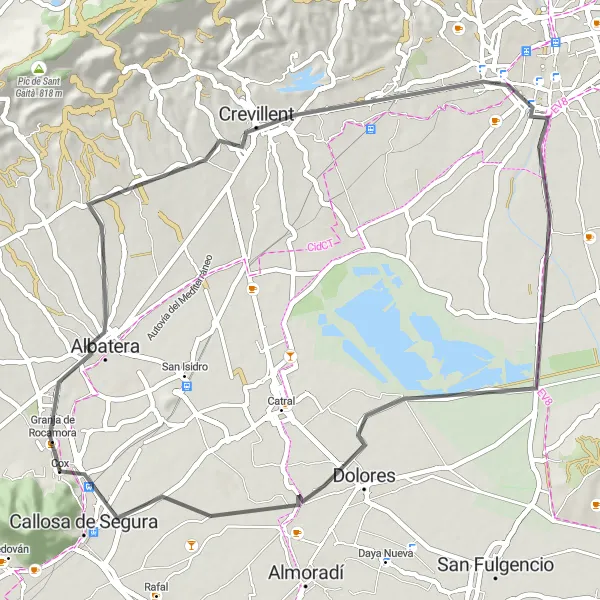 Miniatura della mappa di ispirazione al ciclismo "Giro panoramico da Albatera a Cox" nella regione di Comunitat Valenciana, Spain. Generata da Tarmacs.app, pianificatore di rotte ciclistiche
