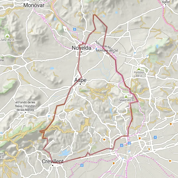 Miniature de la carte de l'inspiration cycliste "Exploration des montagnes de Crevillent" dans la Comunitat Valenciana, Spain. Générée par le planificateur d'itinéraire cycliste Tarmacs.app