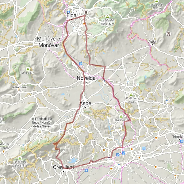 Miniatura della mappa di ispirazione al ciclismo "Avventura off-road tra Crevillent e Tossal de Sant Antoni" nella regione di Comunitat Valenciana, Spain. Generata da Tarmacs.app, pianificatore di rotte ciclistiche