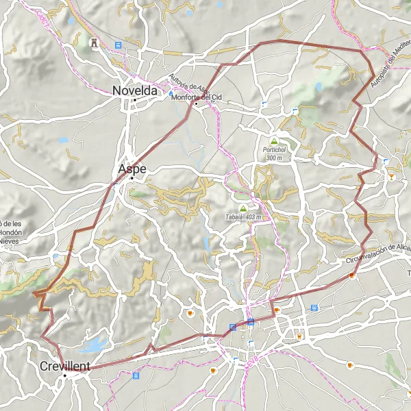 Miniatura della mappa di ispirazione al ciclismo "Avventura Gravel tra Crevillente e Elche" nella regione di Comunitat Valenciana, Spain. Generata da Tarmacs.app, pianificatore di rotte ciclistiche