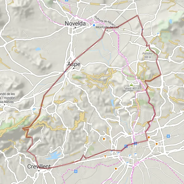 Map miniature of "Gravel Challenge: Crevillent to Elche" cycling inspiration in Comunitat Valenciana, Spain. Generated by Tarmacs.app cycling route planner