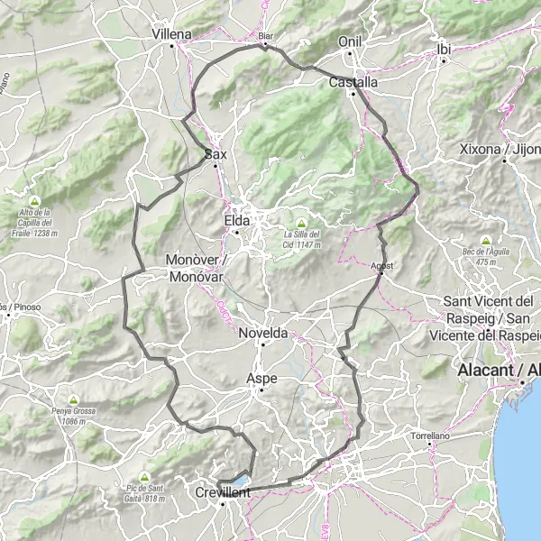 Map miniature of "Mountainous Loop through Biar and Castalla" cycling inspiration in Comunitat Valenciana, Spain. Generated by Tarmacs.app cycling route planner