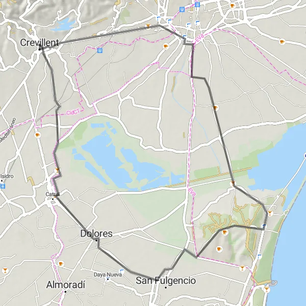 Miniatura della mappa di ispirazione al ciclismo "Giro panoramico tra Crevillent e Catral" nella regione di Comunitat Valenciana, Spain. Generata da Tarmacs.app, pianificatore di rotte ciclistiche