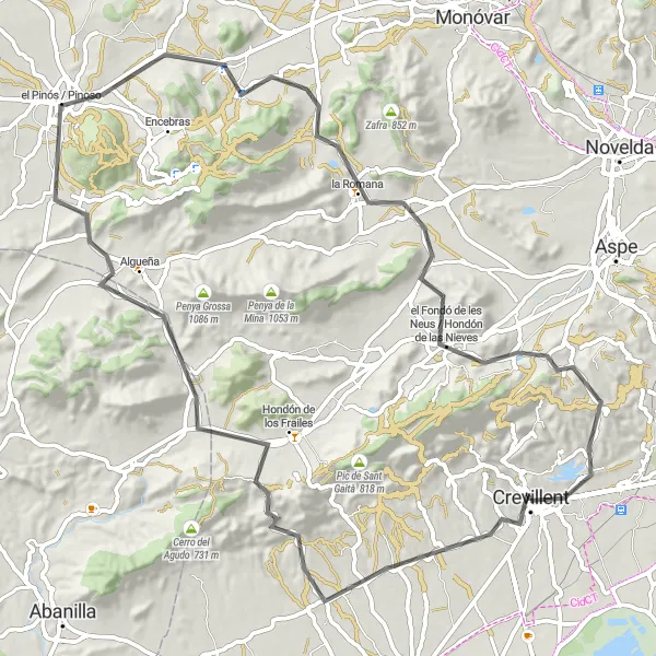 Miniature de la carte de l'inspiration cycliste "La Grande Boucle de Crevillent" dans la Comunitat Valenciana, Spain. Générée par le planificateur d'itinéraire cycliste Tarmacs.app