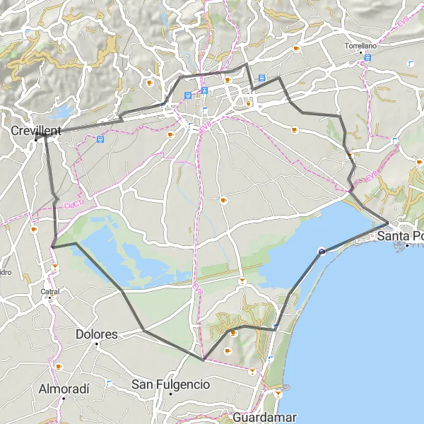 Miniaturekort af cykelinspirationen "Rundtur fra Crevillente til Salines de Santa Pola, la Marina og San Felipe Neri" i Comunitat Valenciana, Spain. Genereret af Tarmacs.app cykelruteplanlægger