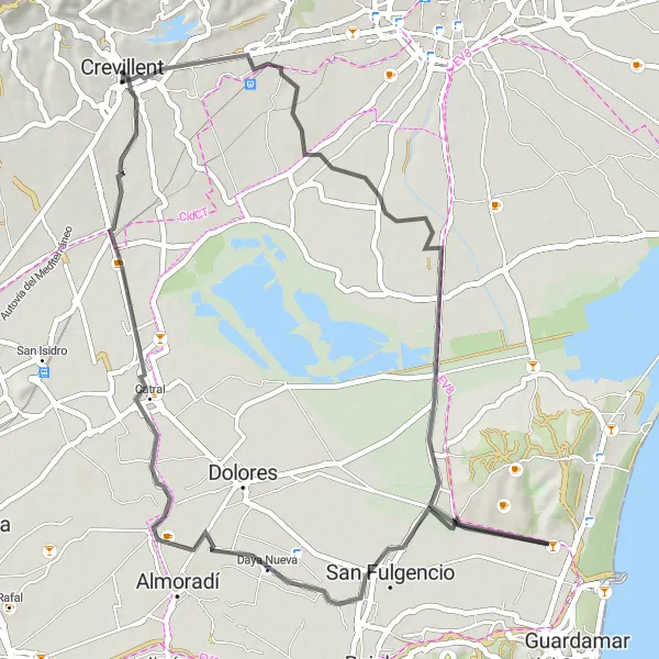 Karten-Miniaturansicht der Radinspiration "Straßen-Rundfahrt von Crevillente nach Catral" in Comunitat Valenciana, Spain. Erstellt vom Tarmacs.app-Routenplaner für Radtouren
