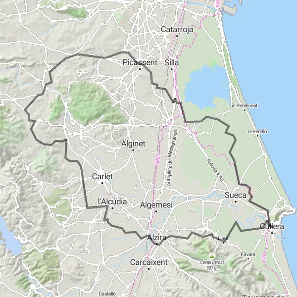 Miniatua del mapa de inspiración ciclista "Cullera - Llaurí - l'Alcúdia - Catadau - Montroi - Picassent - Embarcadero Port de Sollana - Pic dels Francesos - muralla mora" en Comunitat Valenciana, Spain. Generado por Tarmacs.app planificador de rutas ciclistas