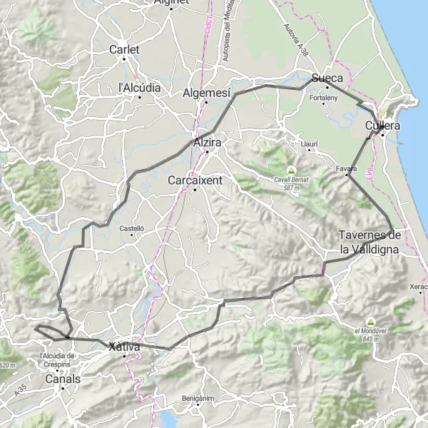 Miniatura della mappa di ispirazione al ciclismo "Escursione Panoramica nella Comunitat Valenciana" nella regione di Comunitat Valenciana, Spain. Generata da Tarmacs.app, pianificatore di rotte ciclistiche