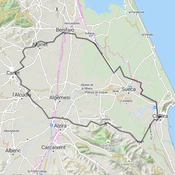 Miniatua del mapa de inspiración ciclista "Ruta en bici de carretera desde Cullera a Benifaió" en Comunitat Valenciana, Spain. Generado por Tarmacs.app planificador de rutas ciclistas