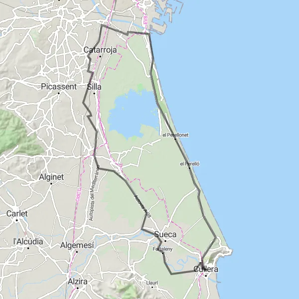 Map miniature of "Scenic Plains and Coastal Views" cycling inspiration in Comunitat Valenciana, Spain. Generated by Tarmacs.app cycling route planner